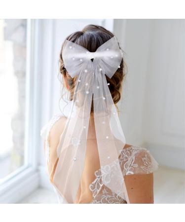 ORUZA Bridal Bow Veil White Pearl Hair Clip Wedding Veil with Barrette Hair Clips Hair Accessories for Bridal Shower Bachelorette Party - Buy Online on GoSupps.com