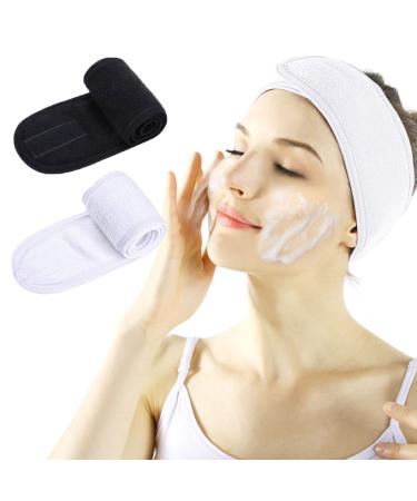 LADES Facial Spa Headband - Makeup Shower Bath Wrap Sport Headband Terry Cloth Adjustable Stretch Towel with Magic Tape Black+White