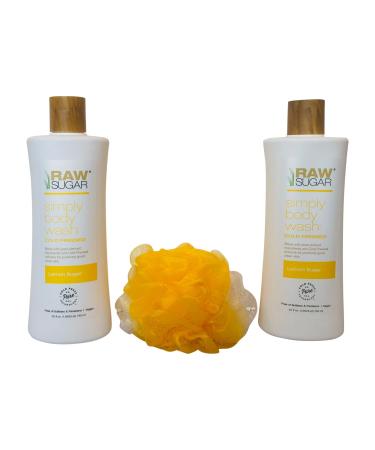 Raw Sugar Lemon Sugar Body Wash Bundle: 2 Body Wash (25 oz. ea.) + Color Coordinated Loofah