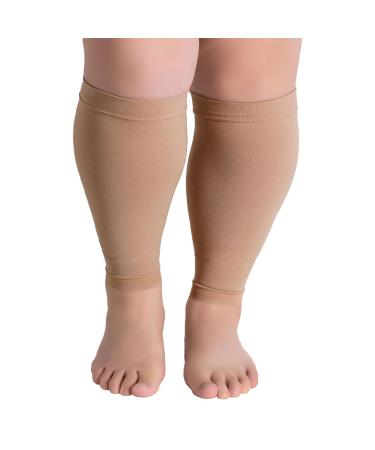 Hotfiary calf compression stockings for women and men 20-30 mmHg graduated oversize S-7XL footless compression stockings with solid support wide calf and leg support for flight travel beige 4xL