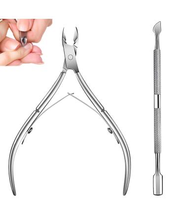 Cuticle Nipper 2 Pcs Cuticle Pusher with Cuticle Nippers Professional Stainless Steel Cuticle Cutter Durable Pedicure Manicure Tools for Fingernails and Toenails (Silver)