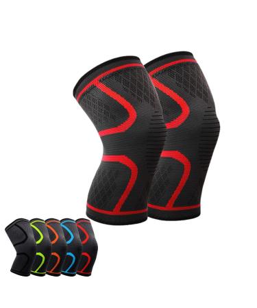 Knee and Elbow Pads Protective Gear Set Compression Sleeve for Running Meniscus Tear Arthritis Joint Pain Relief for Men & Women Medium Red line 2pc