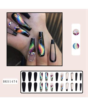 qazaa 24 Pcs Colorful Feathers False Nails Long Coffin Nail Tip Detachable Press on Nails DIY Manicure Glitter Nails - Buy Online on GoSupps.com