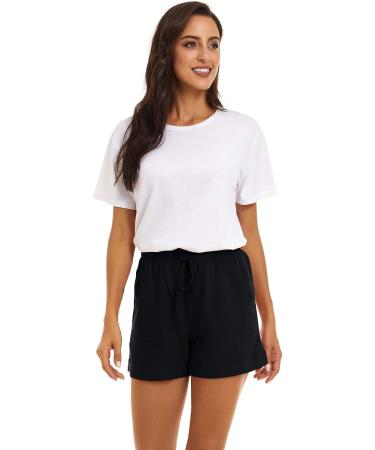 KINGFEN Women's Drawstring Cotton Shorts with Elastic Waist & Pockets - Black, Size Medium - Buy Online on GoSupps.com