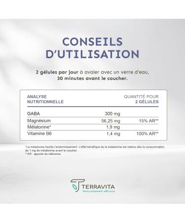 Peaceful Sleep | Melatonin 1.9mg + GABA + Magnesium Bisglycinate + Vita B6 | Anti Stress for Fast Sleep and a Repairing Sleep | 60 Vegetable Capsules | Made in France Terravita - Buy Online on GoSupps.com