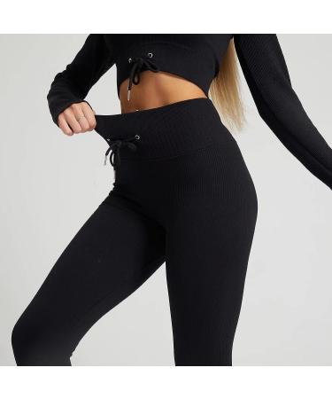BIUBRA Black Seamless Ribbed Drawstring Leggings | High Waisted Butt Lifting Yoga Pants - Buy Online on GoSupps.com