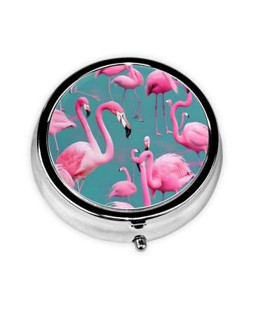 A Flock of Flamingosround Pill Box 3 Compartment Round Pill Box Organizer &Portable Travel Pill Box for Traveling.