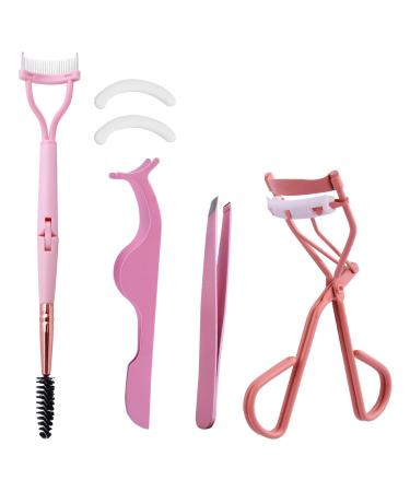 Eyelash Curler with Comb Double Ended Lash Comb and Eyelash Tweezers Set Eyelashes Curler with 2 Refill Pads Volumizing Lift Professional Lash Tools(Pink)