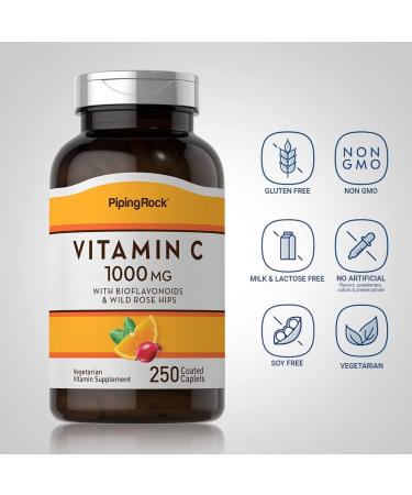 Piping Rock Vitamin C 1000mg Caplets | 250 ct with Bioflavonoids & Rose Hips | Vegetarian Non-GMO Gluten Free - Buy Online on GoSupps.com