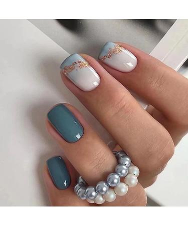 24Pcs Haze Blue Press on Nails - Short Square Fake Nails with Gold Glitter | Glossy Full Cover Acrylic Nail Art Kit for Women & Men | Gel Glue Included - Buy Online on GoSupps.com