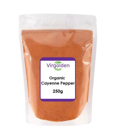 Organic Ground Cayenne Pepper 250g by Virgolden Organic - Rich Deliciously Warm Smoky Aroma Make it an Appealing Addition to Many Dishes