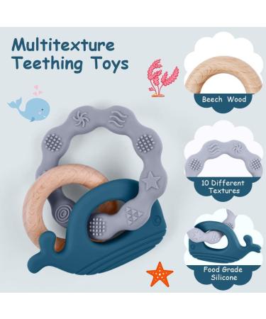 Vicloon Baby Teething Toy - Silicone & Wood Teether for Boys & Girls (Blue) - Easy to Hold & Clean Up - Buy Online on GoSupps.com