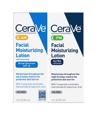 CeraVe Day & Night Face Lotion Skin Care Set | Contains CeraVe AM Face Moisturizer with SPF 30 and CeraVe PM Face Moisturizer | Fragrance Free