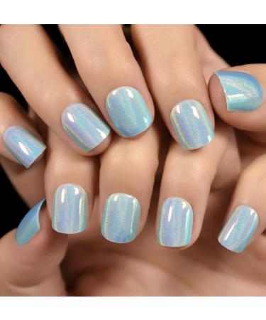 EchiQ Light Blue Laser Press On Nails - Metallic Mirror Like Fake Nails for Women - 24 pcs Short Medium Squoval Acrylic Full Cover False Nails - Buy Online on GoSupps.com