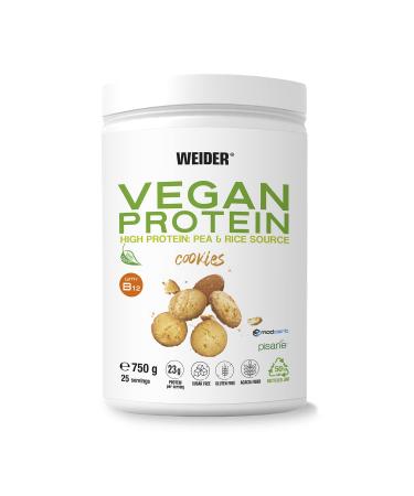 Weider vegan protein (750g) cookies taste.23g protein/dose hereditary isolate (Pisane) & rice proteins.With vitamin B12 and Stevia.Gluten -free sugar -free.Packaging 50% recycled 100% recyclable 750g cookies