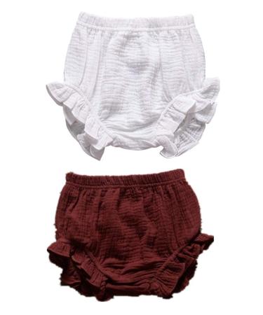 HASAKI 2Pcs Kids Linen Bloomer Shorts - Newborn Baby Girls Boys Toddler Diaper Cove 6-12 Months White+coffee