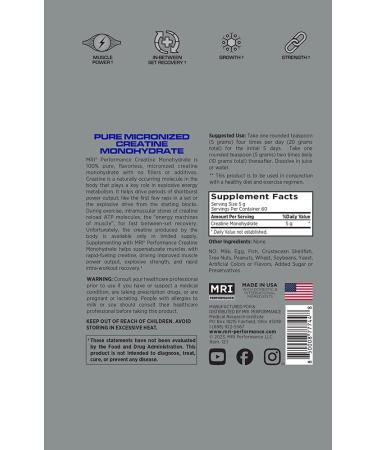 MRI Performance Creatine Monohydrate Powder - 100% Pure Micronized Creatine for Muscle Growth Strength & Endurance | 300g 60 Servings Unflavored - Buy Online on GoSupps.com