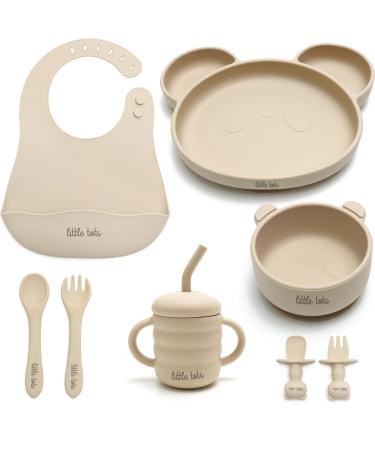 Baby Weaning Set by Little Tots | Silicone Suction Plate Suction Bowl Weaning Bib Sippy Cup + Straw Toddler Spoon + Fork Baby Spoon + Fork Baby Cutlery | 8 Piece Baby Feeding Set | Cream Cream Cotton