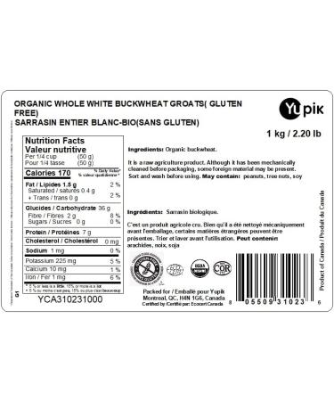 Yupik Organic White Buckwheat Hulled 1 kg Gluten-Free Non-GMO Kosher Vegan Whole Raw Groats Kasha Wheat-Free Salt-Free Plant-Based Protein Source of Fiber Ideal for Baking & Cooking 1 kg (Pack of 1) - Buy Online on GoSupps.com