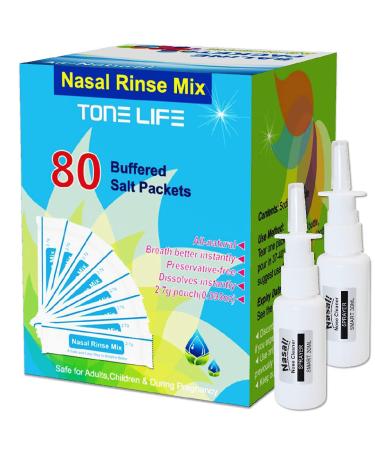 TONELIFE 80 Count Nasal Rinse Mix + 2 Nose Sprayer - Nasal Salt 2.7g Each Pouch | Refill Kit | 80 Buffered Salt Packets | Allergy and Congestion Relief Nasal Wash for Saline Sinus Rinse Kit