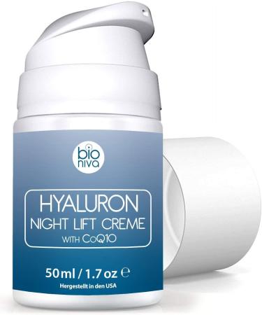 Hyaluron Face Lift Night Cream - Anti Aging Facial Night Care Wrinkle Cream featuring vegan and natural ingredients including Peptides Hyaluronic Acid CoQ10 AHA Glycolic Acid & Aloe 50mL - Buy Online on GoSupps.com