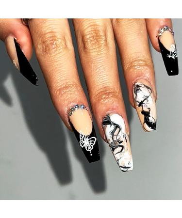 Brishow beige artificial nails french long nails to stick on press on nails with black butterfly ballerina acrylic wrong nails 24 pieces for women and girls