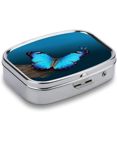 Beautiful Blue Butterfly Print Pill Box - 2 Compartment Portable Medicine Organizer | Decorative Metal Case for Pocket & Purse - Buy Online on GoSupps.com