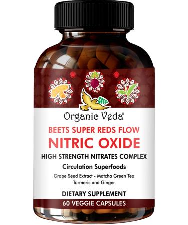 Organic Veda Beet Root Nitric Oxide Capsules - High Strength Nitrates Energy Supplements with Circulation Superfoods Grape Seed Matcha Green Tea Extract Turmeric Ginger - 60 Vegan Capsules