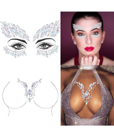Aularso Rhinestone Face Gems Mermaid Chest Gems Crystal Body Gems Rave Patry Festival Stickers for Face Temporary Body Eyes Jewel for Women and Girls 2PCS