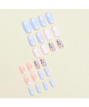24PCS French Butterfly Fake Nails - Long Square False Nails with Glue - Full Cover Acrylic Press on Nails for Women and Girls - Buy Online on GoSupps.com
