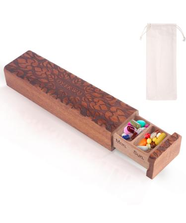 Wooden Weekly Pill Organizer 1 time a Day -Daily Pill Box 7 Day Travel-Friendly Safe Travel 7 Day Pill Box Travel Pill Case Perfect for Tracking Weekly Medication Box(Sapele)