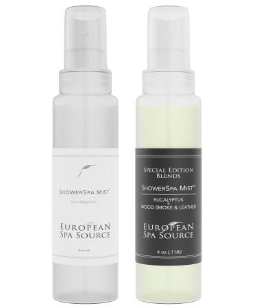 European Spa Source ShowerSpa Mist Spray Bundle (Classic Eucalyptus & Woodsmoke + Leather) for Aromatherapy at Home Spa Experience Sinus Congestion Relief and Tension Relief 4 fl oz. (Each)