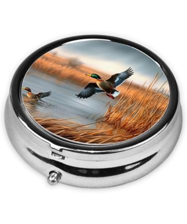 Hunting Flying Wild Duck Round Pill Box - 3 Compartment Mini Portable Travel Medicine Organizer - Decorative Pocket Purse for Tablets & Vitamins - Buy Online on GoSupps.com