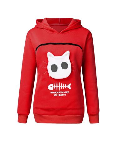 Women Long sleeve sweater hoodies with cat dog big bag cat bag sweater with zipper dog cat bag bag sweatshirt sweater hoodie women warm long -sleeved shirt cat sweater red s