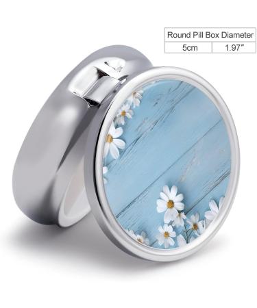 Round Pill Box with White Flowers & Light Blue Wood Print - 3 Compartment Portable Pill Organizer - Decorative Metal Pocket Pill Case - Style 42 - Buy Online on GoSupps.com