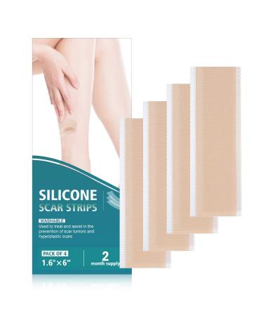 Silicone Scar Strips 1.6''x6-'' Multi-Use Scar Removal Cream 4 pcs (2 Month Supply) Scar Removal Silicone Scar Sheets Reusable Scar Tape-2 Flesh Color