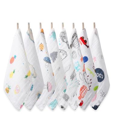 Baby Msulin Washcloths Newborn Face Towel - Baby Muslin Cloths 8Pack Soft Absorbent Natural Wipes Bamboo Cotton Towel 10"X10" Baby Bath Towels Baby Registry as Shower (Send 5 kinds of patterns random) 4 Layers-8Pack