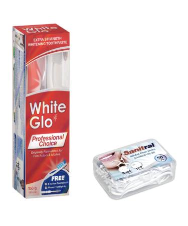 White Glo Professional Choice Toothpaste Extra Strength 100 ml and Toothbrush (with Sanitral 50 Dental Floss Sticks) - Buy Online on GoSupps.com