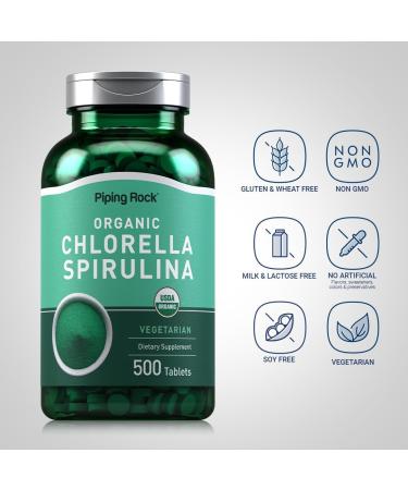 Piping Rock Chlorella Spirulina Organic | 500 Tablets | Vegetarian Pills | Non-GMO Gluten Free Supplement - Buy Online on GoSupps.com