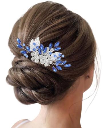 Flayem Wedding Hair Side Comb Bridal Blue Rhinestone Headpieces Flower Leaf Hair Comb Bride Bridesmaid Hair Accessories for Women - Buy Online on GoSupps.com