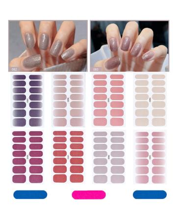 112 Pieces Thin Semi-Cured Gel Nail Strips Solid Full Nail Polish Sticker With Nail File Onion Powder Gel Film Self Adhesive Frosted Nails Art Decals Design Women Girls DIY Craft Decoration Tips(8 Sheets) - Glitter