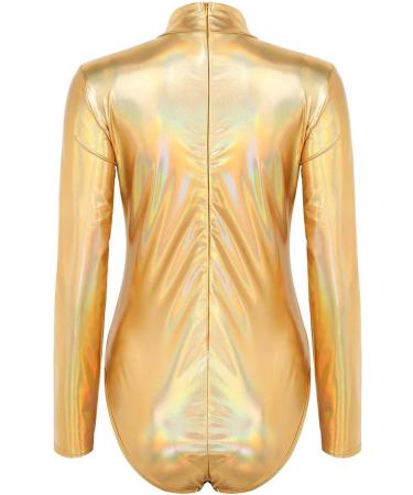 Elegant Women's Metallic Ballet Jersey Dance Body Suit - Long Sleeve Shiny Gymnastics Wear - Buy Online on GoSupps.com