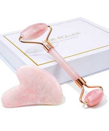 Jade Roller & Gua Sha, Face Roller, Facial Beauty Roller Skin Care Tools, BAIMEI Rose Quartz Massager for Face, Eyes, Neck, Body Muscle Relaxing and Relieve Fine Lines and Wrinkles 1-2pcs-pink