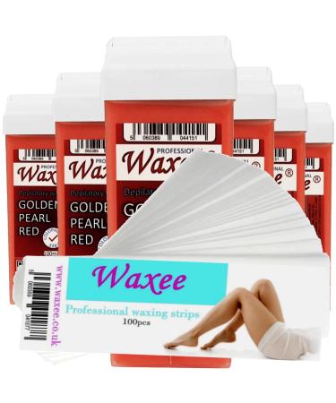 6x 100ml roll-on wax roller wax cartridge refill + 100 waxing strips from UK brand Waxee! Golden Pearl Red.