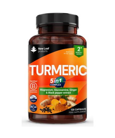 Turmeric 5-in-1 Complex - 5000mg Turmeric Capsules High Strength Enriched with Magnesium & Glucosamine Sulphate - Added Ginger Capsules + Black Pepper Curcumin Supplement - Vegan Supplement