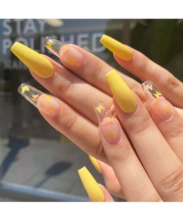 Boaccy Glossy Extra Long Coffin Fake Nails Butterfly Press on Nails Yellow Full Cover clear False Nails for Women Girls (Yellow)