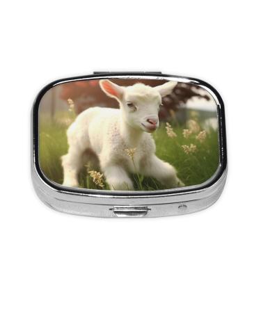 Cute Lamb Printing 2 Compartment Small Pill Case Cute Small Pill Box Purse Pill Boxs Travel Pill Organizer for Pocket Purse and Travel Gifts