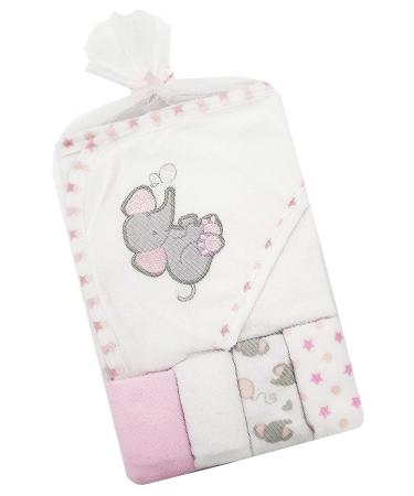 Baby Girl Boy Hooded Towel Flannel Face Cloths Wash Bath Time 5 Piece Set (Pink)