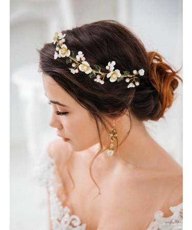 IYOU Bridal Wedding Hair Vines Gold Flower Headband Leaf Pearl Headpiece Bridesmaid Bride Hair Accessories for Women - Buy Online on GoSupps.com