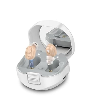Hearing Aids for Seniors Rechargeable with Noise Cancelling, EARRCK Nano Hearing Amplifier Aides for Adults with Button Volume Control and Charging Case Hearing Assist Device (Beige)